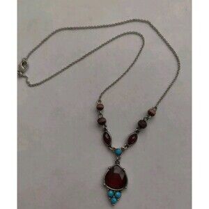 Vtg NRT Silver Tone Red Faceted Rhinestones Wood Beaded ~19" Necklace